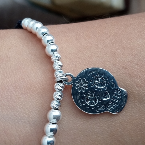 Sterling silver Halloween! Sugar skull Handmade women's skull bracelet - Picture 5 of 10